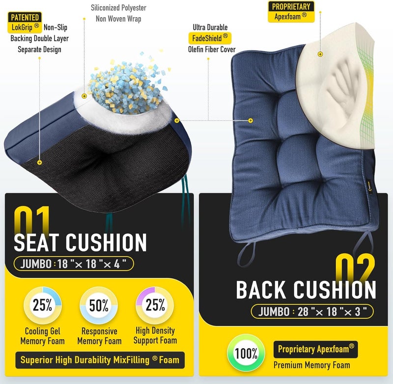 SUNROX Memory Foam Non Slip Rocking Chair Cushion, FadeShield Water Resistant Thicken Durable Tufted Pads, Set of Seat & Back Cushion with Ties for Indoor/Outdoor Rocker, 2 Piece, Charcoal Blue - Image 2